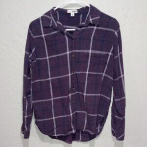 Sonoma Good For Life Women's Medium Blue Purple Plaid Button Down Long Sleeve
